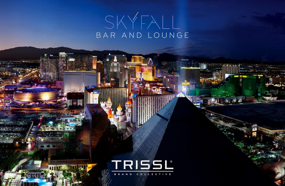 Las Vegas skyline at dusk with the Skyfall Bar and Lounge and TRISSL Brand Collective logos